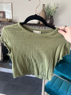 Altar'd State Olive Green Crinkle Lettuce-Edge Crop Top